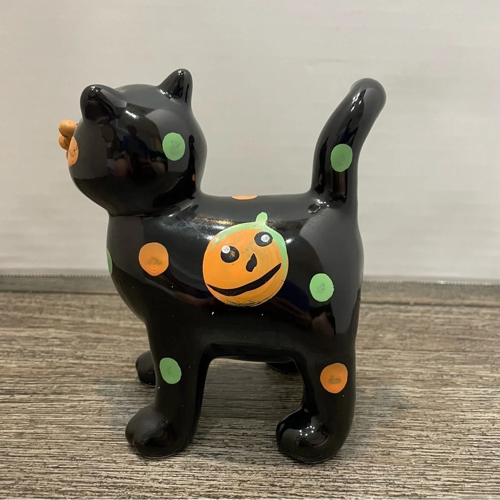 Halloween Black Cat Figurine. Whiskers wire ceramic. Whimsical. Pre-owned